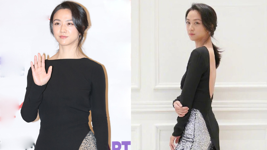 汤唯夺韩国影评奖影后出席颁奖礼 黑银拼色长裙优雅