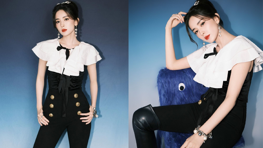 娜扎黑白拼接套装造型秀长腿 粉色蝴蝶结发饰宛若公主