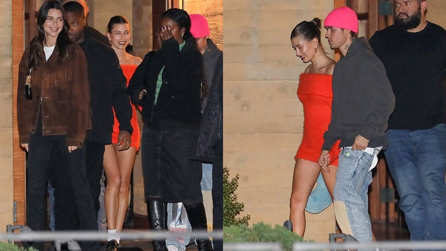 比伯夫妇与肯达尔詹娜约饭 海莉露肩毛衣裙秀锁骨