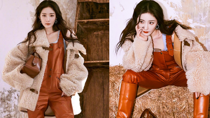 杨幂红棕色系大片释出 穿毛绒质感外套又A又飒气场强