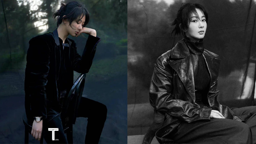 杨紫身穿黑色西装干练飒爽 置身林间氛围感十足