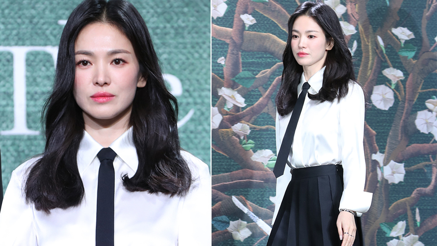 宋慧乔白衬衫黑裙造型亮相发布会 新剧搭档年下男星