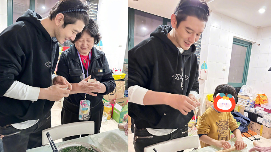 黄晓明冬至与家人包饺子 小海绵出镜祖孙三代其乐融融