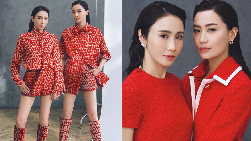 黎姿陈法拉合体拍大片 穿红白渔网花纹套装无惧怼脸拍