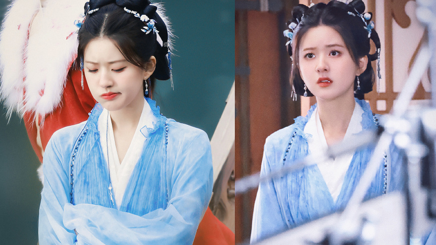 赵露思《神隐》蓝裙造型路透 气质清冷表情搞怪可爱