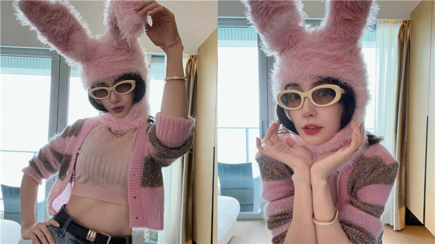 Angelababy头戴兔耳朵超萌 秀小蛮腰身材纤瘦火辣
