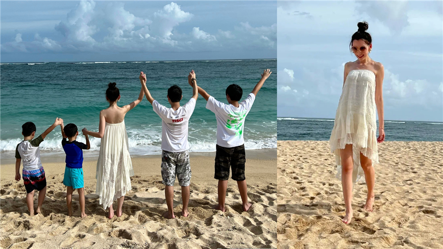 陈若仪一家五口海岛度假 儿子kimi贴心为妈妈拍照