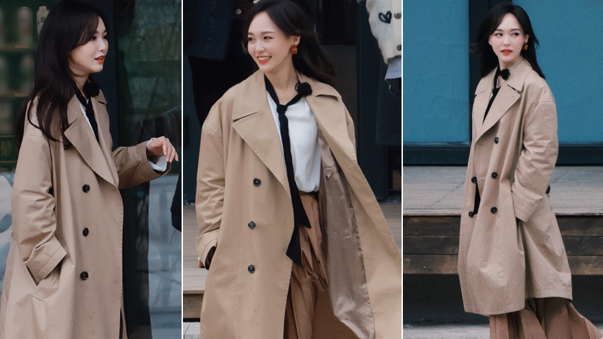 唐嫣《我们的客栈》路透 卷发搭配风衣造型梦回赵默笙