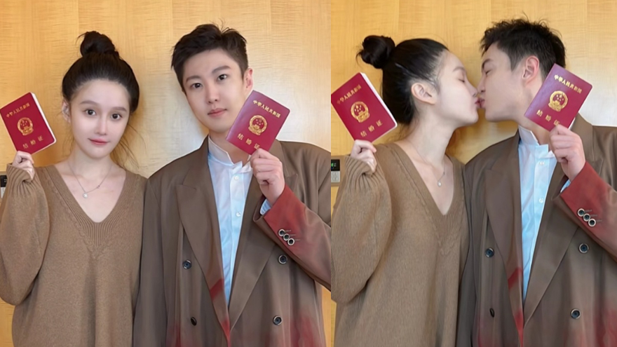 球球领证现场照曝光 二人咖色情侣穿搭面色喜悦幸福