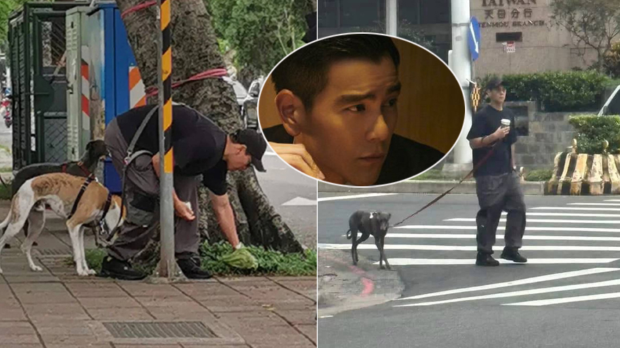 彭于晏穿搭休闲街头遛狗 随手收拾爱犬排泄物贴心十足