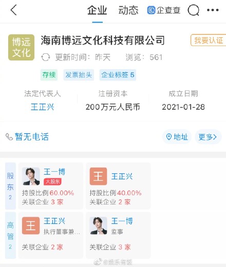 王一博成立文化科技公司 持股比例60%是最大股东