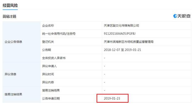 天津艺璇文化传媒有限公司已于今年1月注销