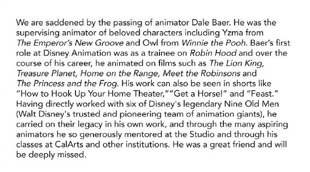 迪士尼资深动画师戴尔·拜尔去世