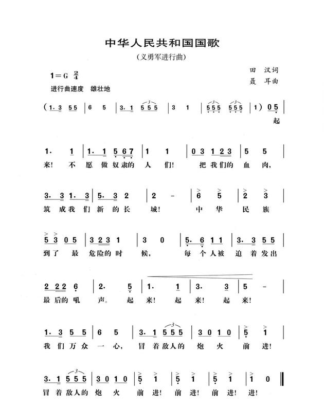 中国国歌简谱带数字图片