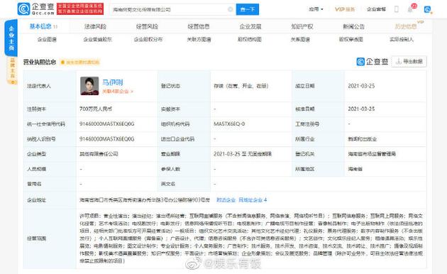 企查查显示马伊琍名下公司信息