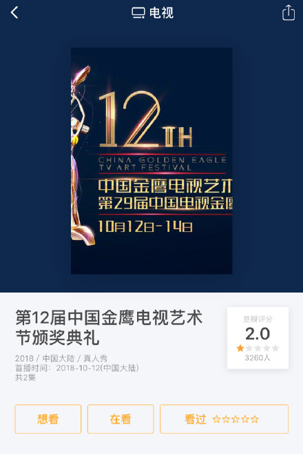 第12届中国金鹰电视艺术节颁奖典礼”豆瓣评分只有2.0