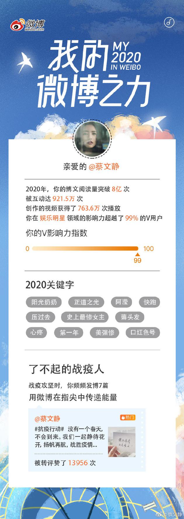 蔡文静晒自己2020年度关键词