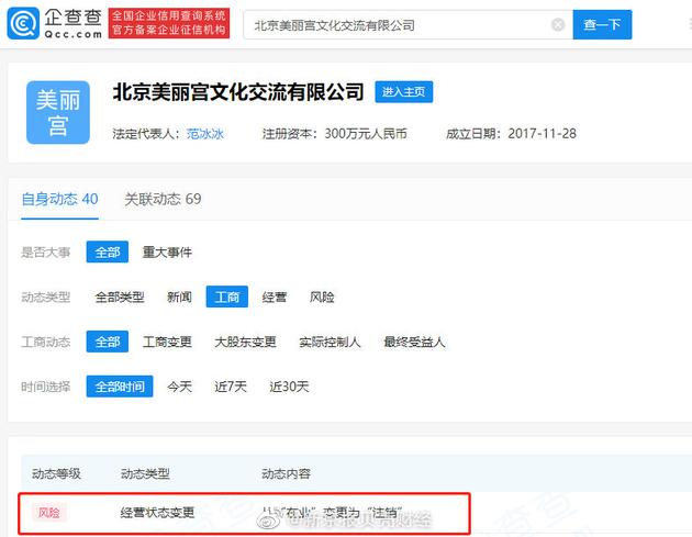范冰冰美丽宫公司被注销