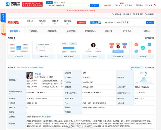 范冰冰名下文化传媒公司注销 注销原因为决议解散