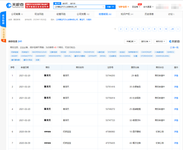 天眼查App所示新增“章泽天”商标信息