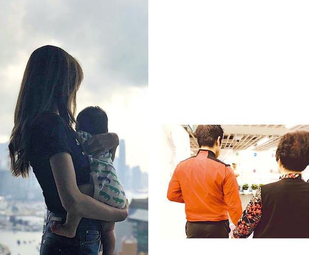 郑嘉颖在母亲节网上分享了两张背着镜头的照片，分别是老婆抱着儿子（左图）以及牵着妈妈（右图）的照片，形容为“两个最美丽的母亲”。
