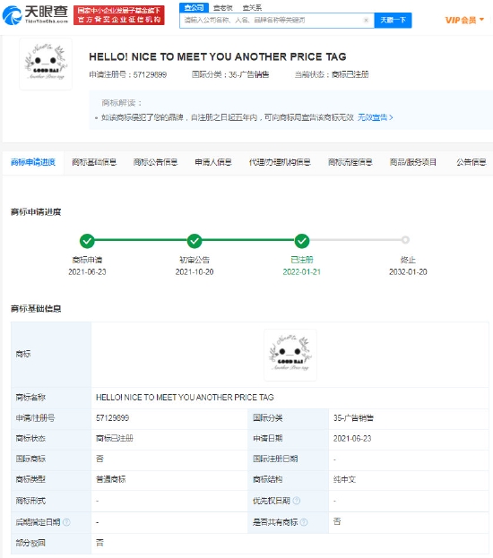 trademark application progress (advertising sales classification)