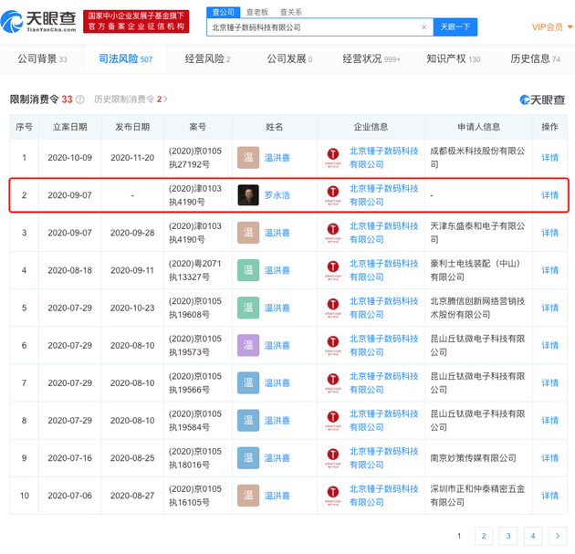 锤子科技新增被限制消费信息 罗永浩再被限制消费