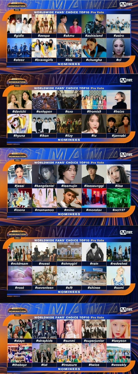 组图：2021MAMA提名名单曝光 颁奖礼将在韩国国内举行
