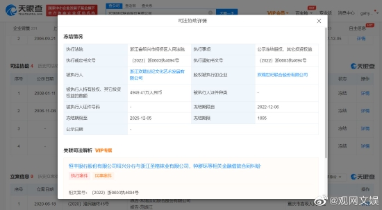 欢瑞世纪被冻结4949万人民币 至2025年12月5日