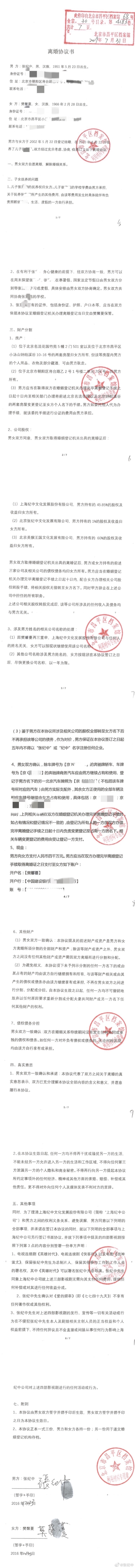 Zhang Jizhong and his ex-wife Fan Xinman divorce agreement