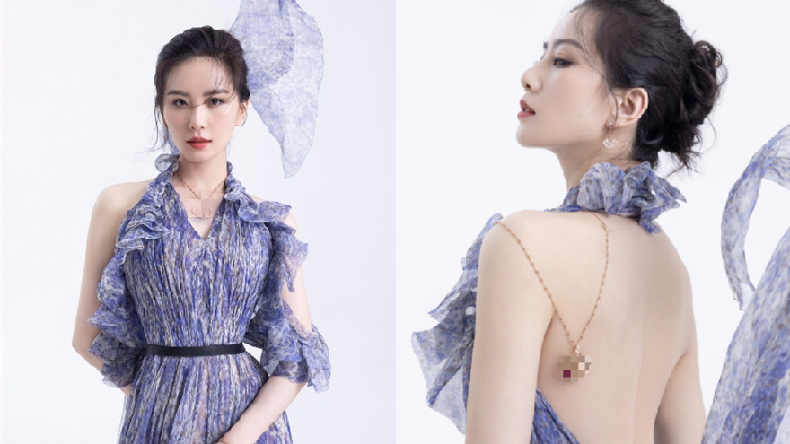 刘诗诗中秋大片优雅恬静 紫色碎花纱裙飘逸大秀美背