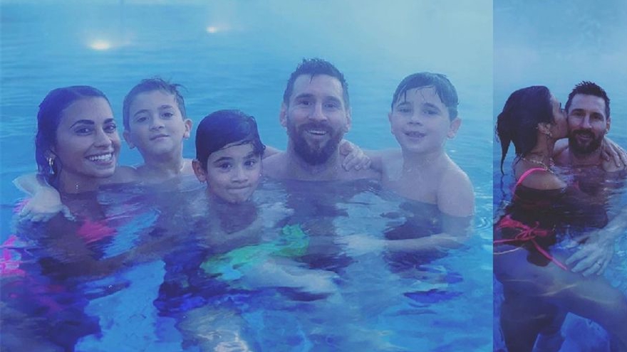 梅西分享全家度假合影 与妻子水中亲吻秀恩爱