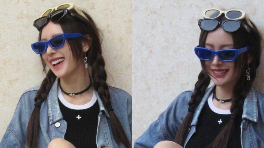 张天爱玩下衣失踪身材好 戴墨镜扎双麻花辫甜酷俏皮