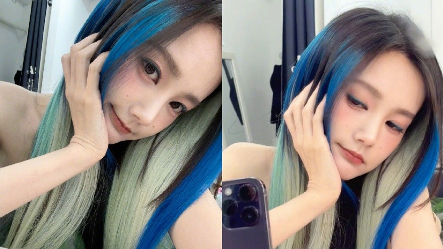 李一桐蓝灰拼接色挑染好飒 对镜自拍表情傲娇可爱