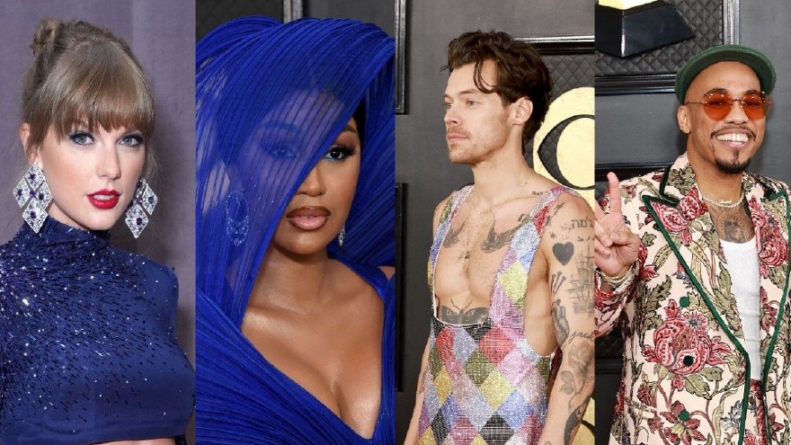 第65届格莱美红毯 霉霉分体裙秀蛮腰卡迪-B自带飘带