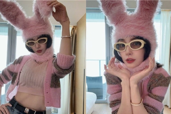 Angelababy戴兔耳朵超萌