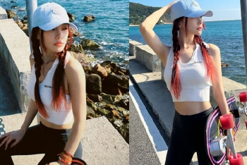 李小璐露腰装玩滑板