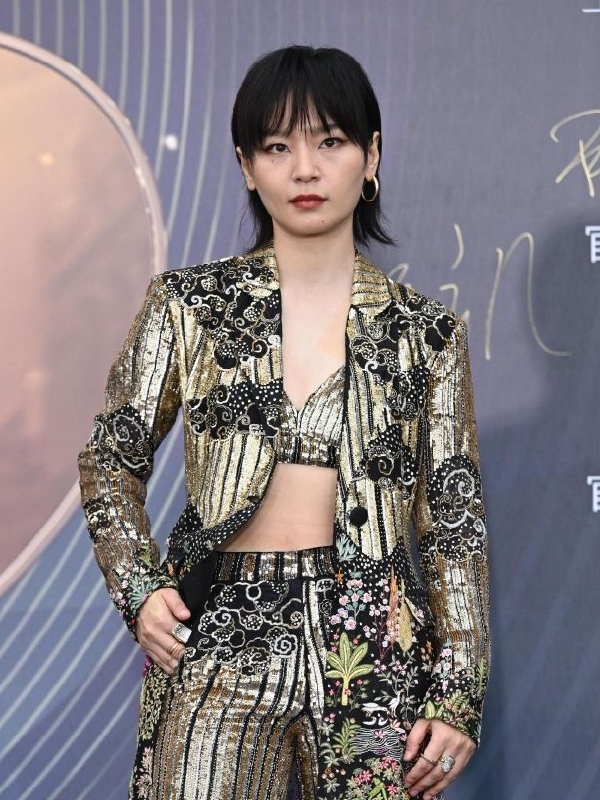 周笔畅金色印花礼服好酷