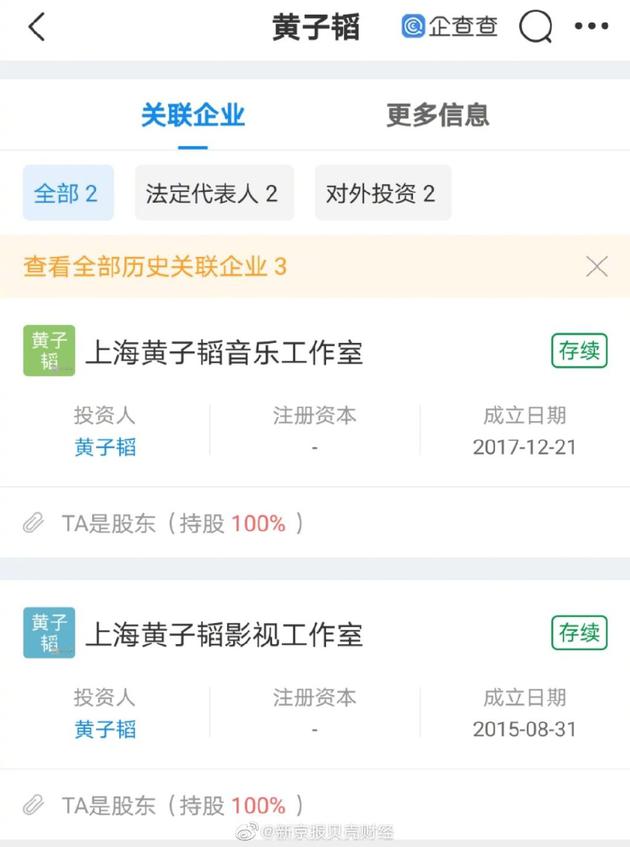 4目前黄子韬关联公司共有2家