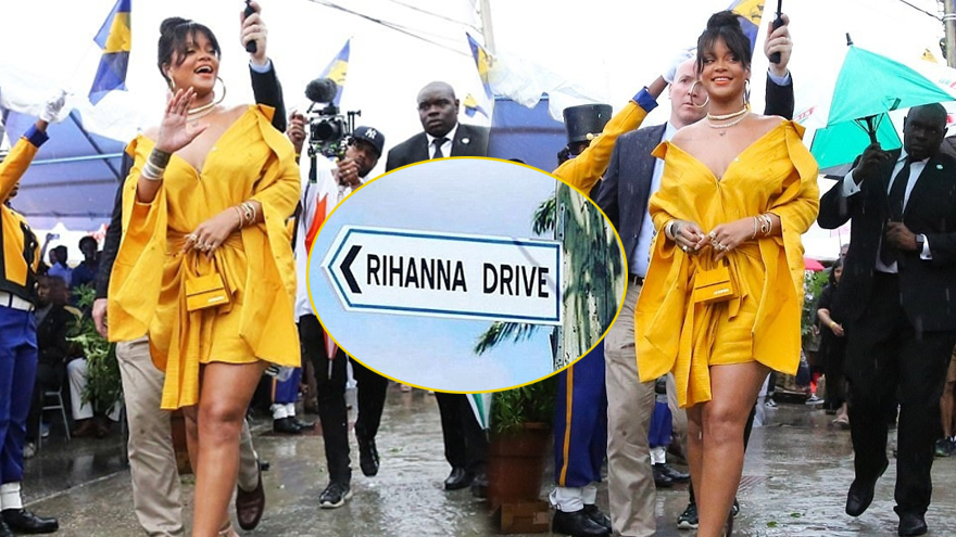 蕾哈娜“荣归故里” 出席 “蕾哈娜路” 揭幕仪式