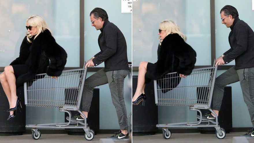 恋爱中的女人!Lady Gaga坐购物车获未婚夫手推童心未泯