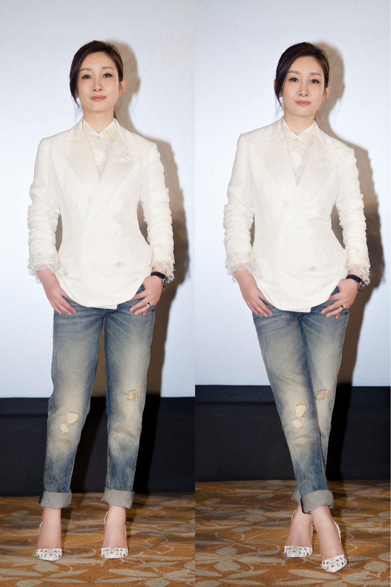 秦海璐出席新剧点映会 干练西装英气十足