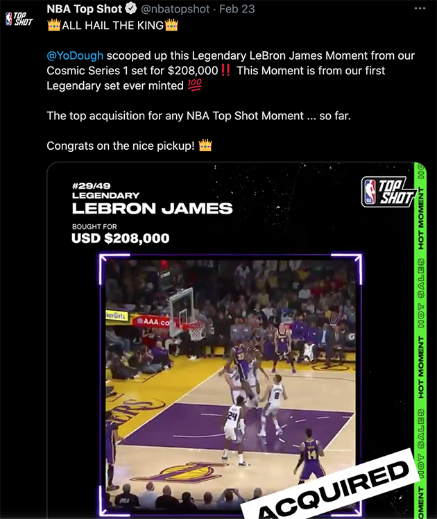 LeBron James视频NFT售价20.8万美元