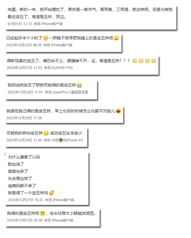 网友们吐槽新冠之后自己得了“变丑株”