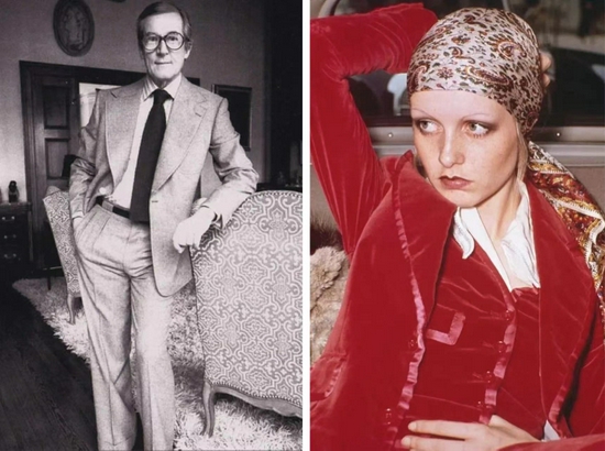左：女王御用裁缝Hardy Amies;右：英国模特、歌手、演员Twiggy