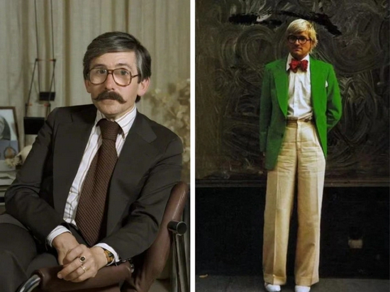 左：上世纪70年代，身着Nutter式剪裁的英国史学家、作家、伦敦国家肖像美术馆馆长Roy Strong；右：上世纪70年代，身着Nutter式剪裁的艺术家David Hockney