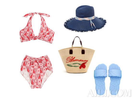 	红色印花挂脖泳装、蓝色浮雕沙滩拖鞋 均为 Miu Miu