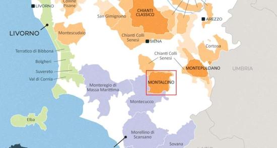 蒙塔希诺在托斯卡纳的位置（图片来源：Wine Folly）