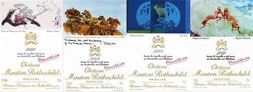 1996、2004、2008及2012年木桐酒庄红葡萄酒的酒标（图片来源：www.chateau-mouton-rothschild.com）