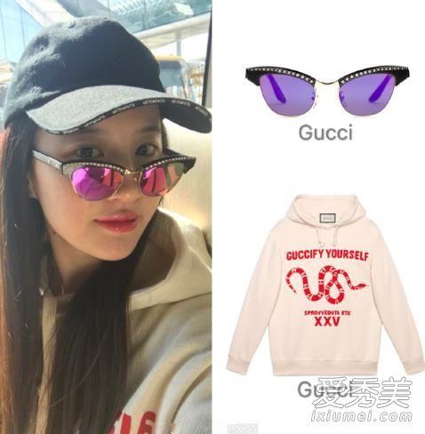 网上曝光后的刘亦菲私服，穿GUCCI卫衣出镜，眼镜也是同款，感觉甜美俏皮。
